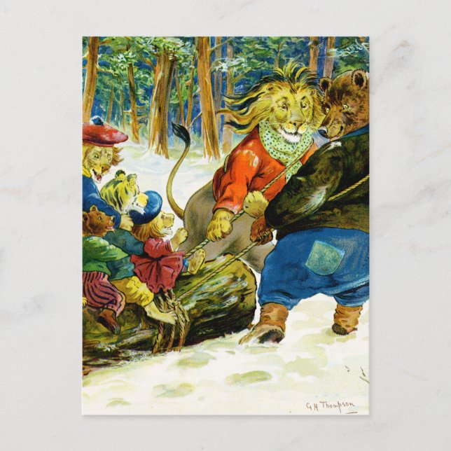 Christmas in Animal Land - The Yule Log Holiday Postcard (Front)