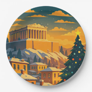 Christmas in Athens • Festive Greece Holiday Scene Paper Plate