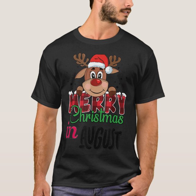 Christmas In August Pink Flamingo in Santa Hat Sum T-Shirt (Front)