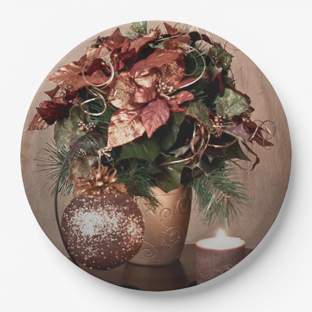 Christmas in Beige, Brown and Bronze Paper Plate (Front)