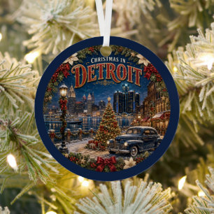 Christmas in Detroit Vintage Travel Keepsake Metal Tree Decoration