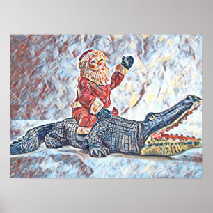 Christmas in Florida Santa Claus riding Alligator Poster