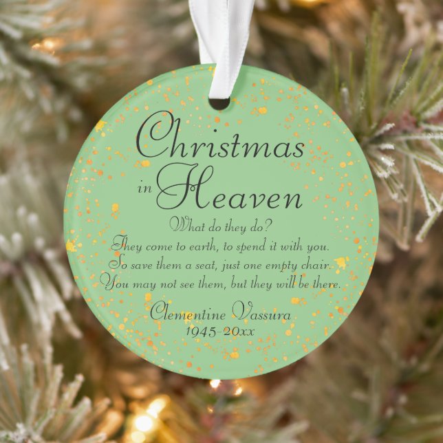 Christmas In Heaven Gold Memorial Photo Green Ornament (Tree)