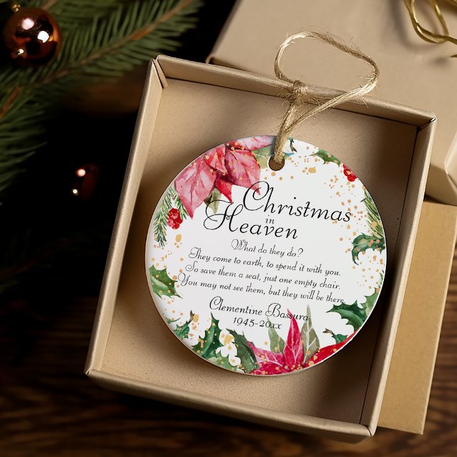 Christmas In Heaven Poinsettia Gold Memorial Photo Ceramic Tree Decoration (Christmas In Heaven Poinsettia Gold Spatter Memorial Photo Ceramic Ornament)