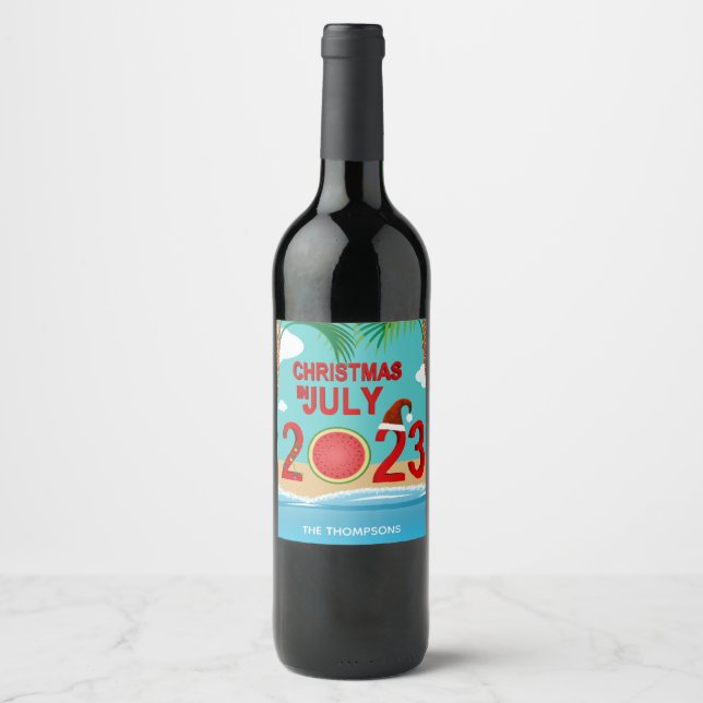 Christmas in July 2023 Watermelon Beach Wine Label (Front)