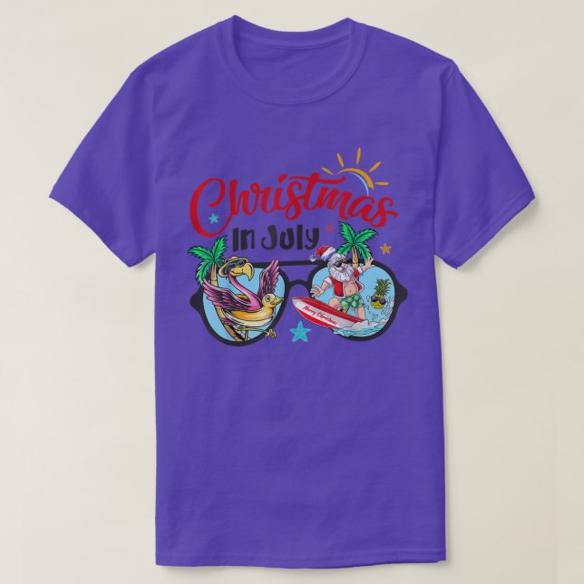 Christmas In July Beach Flamingo Santa Surfing Sun T-Shirt (Design Front)