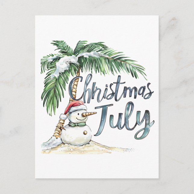 Christmas in July Beach Snowman & Palm Tree Postcard (Front)