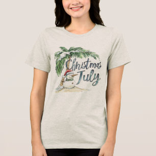 Christmas in July Beach Snowman & Palm Tree Tri-Blend Shirt