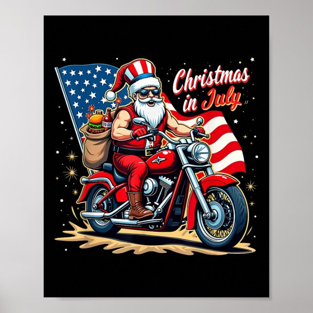 Christmas In July Biker Santa American Funny Summe Poster (Front)