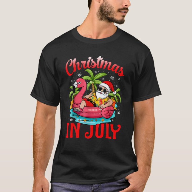 Christmas In July Boys Kids Santa Flamingo Summer  T-Shirt (Front)