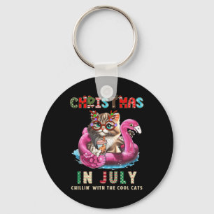 Christmas In July Chillin Cats Flamingo Float Meow Key Ring