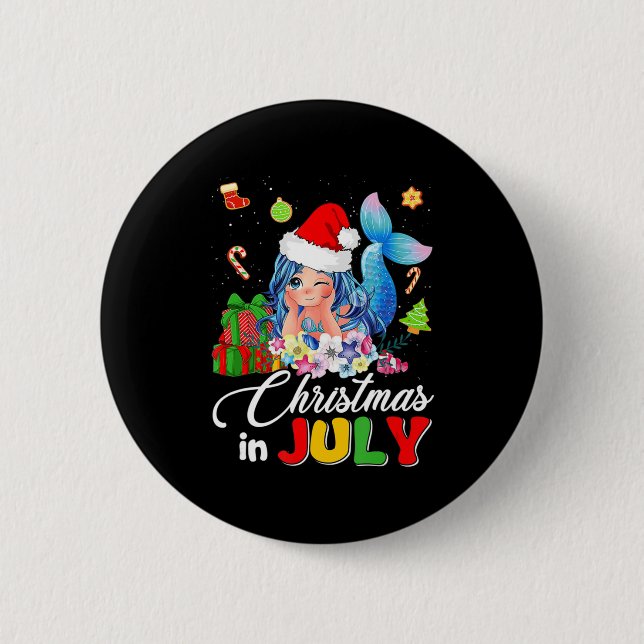 Christmas In July Cute Anime Mermaid Santa Hat Sum 6 Cm Round Badge (Front)