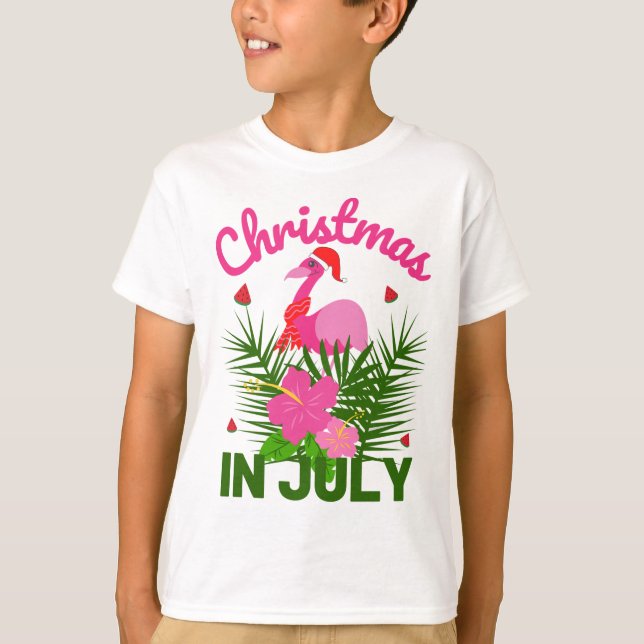Christmas in July cute santa flamingo T-Shirt (Front)