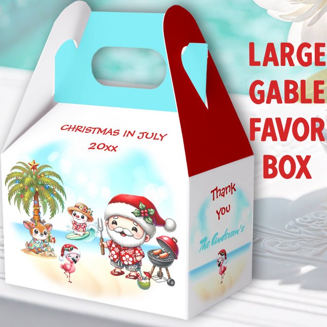 Christmas In July Cute Santa Summer Large Gable Favour Box (Beach Santa Large Gable Favor Boxes- You can choose from 3 sizes of these gable favor boxes)