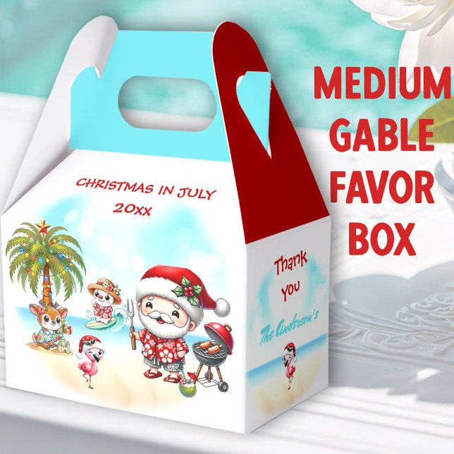 Christmas In July Cute Santa Summer Medium Gable Favour Box (Beach Santa Medium Gable Favor Boxes- You can choose from 3 sizes of these gable favor boxes)
