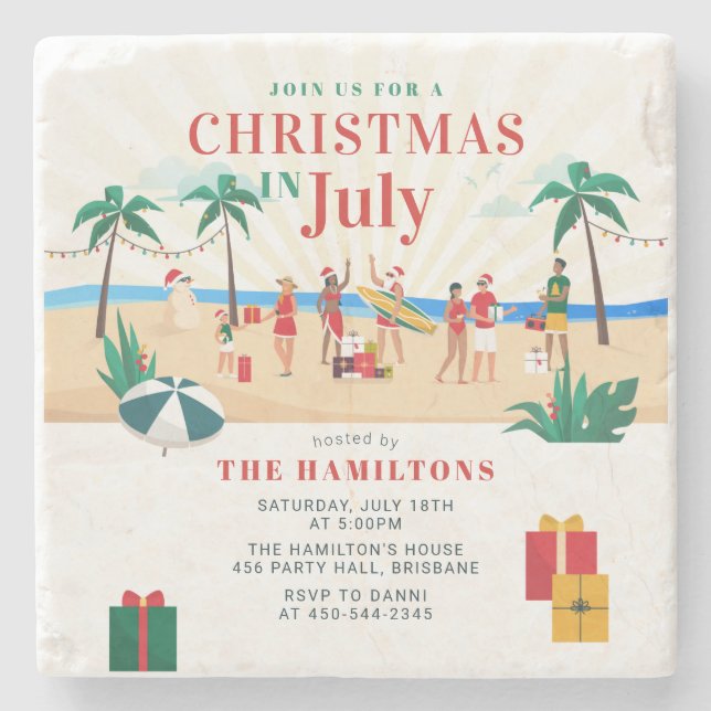Christmas in July Cute Summer Party Invitation  Stone Coaster (Front)