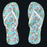 Christmas in July Cute Winter Blue Santa Snowman Flip Flops<br><div class="desc">These pretty blue Christmas flip flops feature a smiling Santa Clause,  Christmas trees,  candy canes,  reindeer,  a happy snowman,  and an adorable blue penguin. These also make a great holiday gift for a friend or are perfect for a summer Christmas in July party.</div>