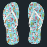 Christmas in July Cute Winter Blue Santa Snowman Flip Flops<br><div class="desc">These pretty blue Christmas flip flops feature a smiling Santa Clause,  Christmas trees,  candy canes,  reindeer,  a happy snowman,  and an adorable blue penguin. These also make a great holiday gift for a friend or are perfect for a summer Christmas in July party.</div>