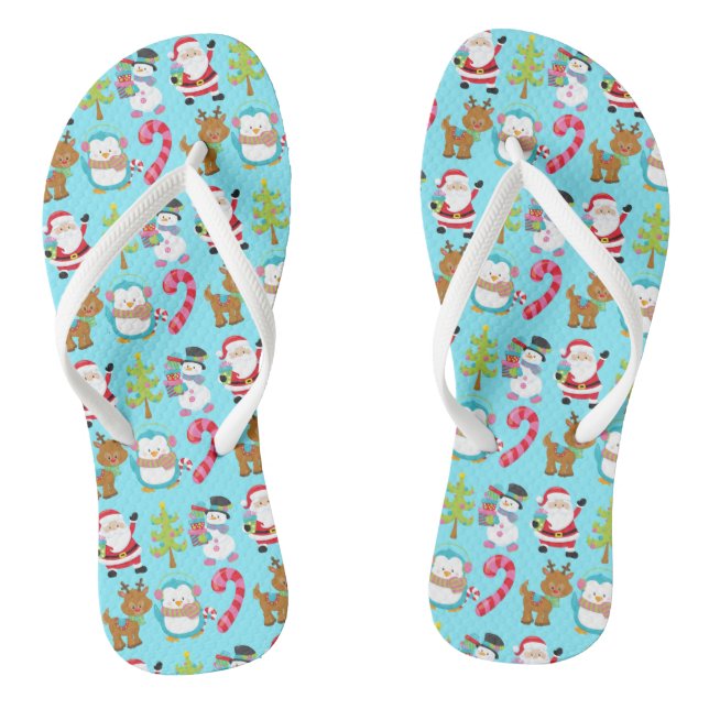 Christmas in July Cute Winter Blue Santa Snowman Flip Flops (Footbed)