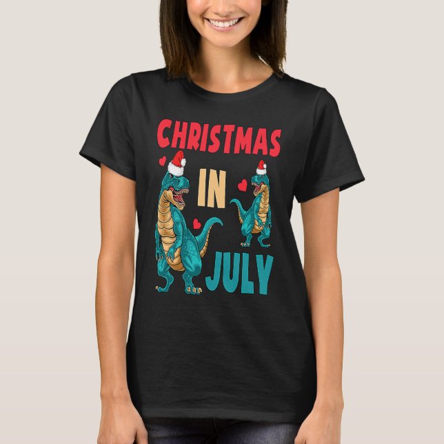 Christmas In July Dinosaur Xmas Santa Hat Kids Rex T-Shirt (Front)