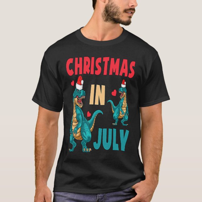 Christmas In July Dinosaur Xmas Santa Hat Kids Rex T-Shirt (Front)