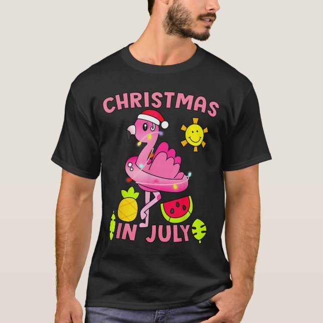 Christmas In July Flamingo Beach Summer Christmas  T-Shirt (Front)
