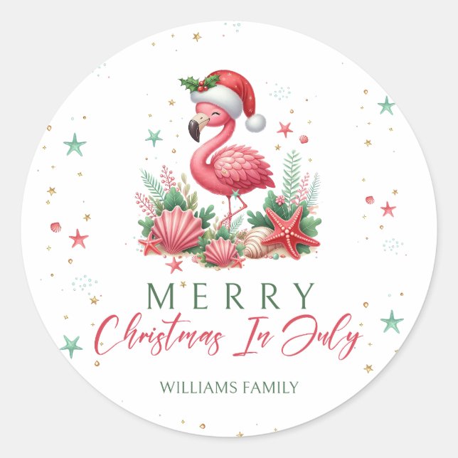 Christmas in July Flamingo Classic Round Sticker (Front)