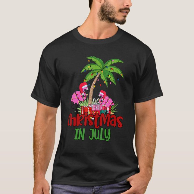 Christmas In July Flamingo Palm Tree 4th Of July T-Shirt (Front)