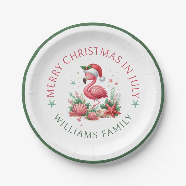 Christmas in July Flamingo Paper Plate (Front)