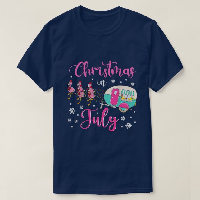 Christmas In July Flamingo Pink Santa Hat Camping  T-Shirt (Design Front)