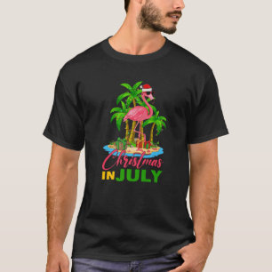 Christmas In July Flamingo Santa Hat Palm Tree Xma T-Shirt