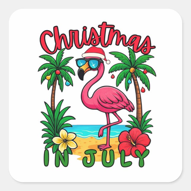 Christmas in July Flamingo Square Sticker (Front)