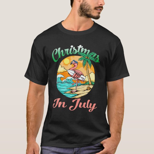 Christmas In July Flamingo Surfing Summer T-Shirt (Front)