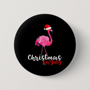 Christmas In July Flamingo With Santa Hat Drawing  6 Cm Round Badge