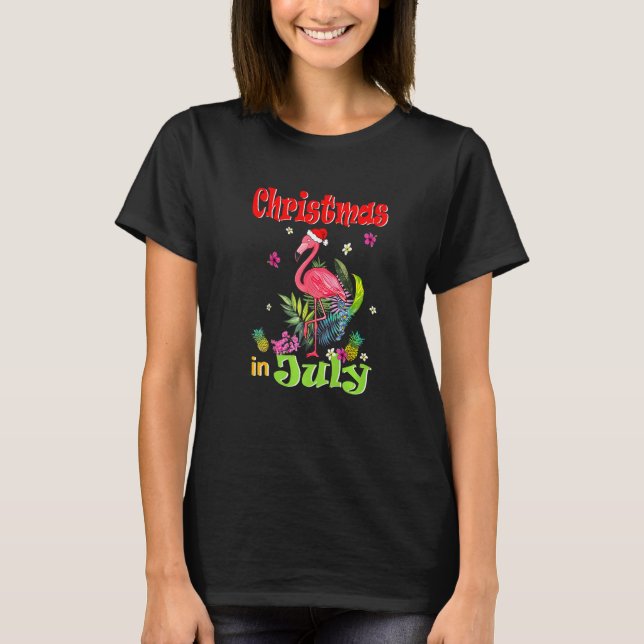 Christmas In July For Women Pink Flamingo   T-Shirt (Front)