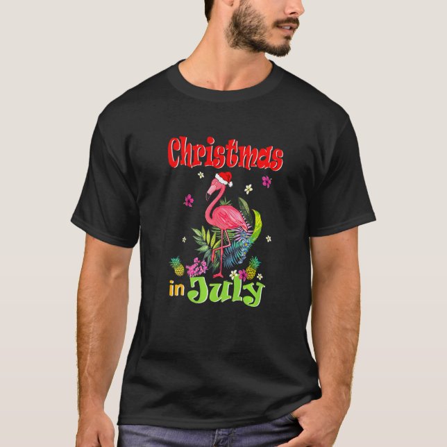 Christmas In July For Women Pink Flamingo   T-Shirt (Front)
