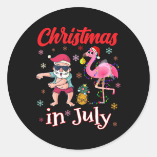 Christmas In July Funny Pink Flamingo Summer Vacat Classic Round Sticker