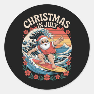 Christmas In July Funny Santa Riding Big Wave Surf Classic Round Sticker