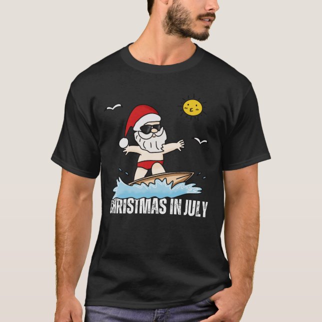 Christmas In July Funny Santa Surfing Summer Beach T-Shirt (Front)