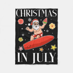 Christmas In July Funny Santa Surfing Summer Surfe Fleece Blanket