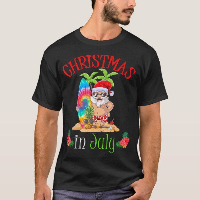 Christmas In July Funny Santa Surfing Summer T-Shirt (Front)