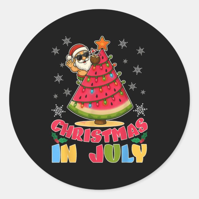 Christmas In July Funny Santa Watermelon Xmas Tree Classic Round Sticker (Front)