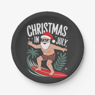 Christmas in July Funny Surfing Santa Vacation Paper Plate