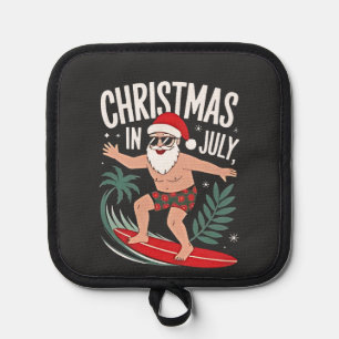Christmas in July Funny Surfing Santa Vacation Pot Holder