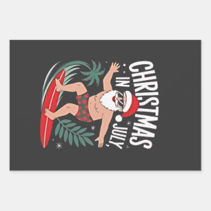 Christmas in July Funny Surfing Santa Vacation Wrapping Paper Sheet