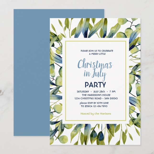  Christmas in July Green Blue Leaves Modern Party  Invitation (Front/Back)