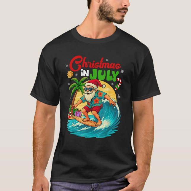 Christmas In July Hawaii Santa Surfing Summer Beac T-Shirt (Front)