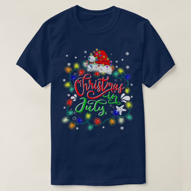 Christmas In July Lights Funny Santa Hat Vacation  T-Shirt (Design Front)