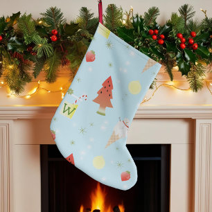 Christmas in July Monogram Funny Summer Snowflakes Large Christmas Stocking