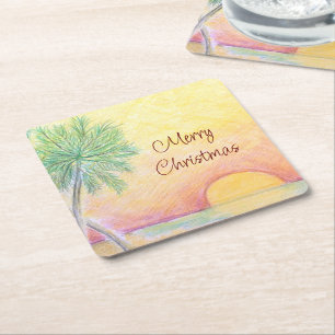 Christmas in July Party Tropical Beach Colourful Square Paper Coaster